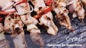  Presentation with charcoal - Slide deck with fresh turkey pink brisket shish kebab on wooden skewers with tomatoes over barbecue brazier full burned charcoal background and a gray colored foreground