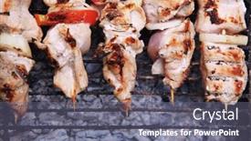 Presentation with charcoal - Slide deck featuring fresh turkey pink brisket shish kebab on wooden skewers with tomatoes over barbecue brazier full burned charcoal background and a gray colored foreground