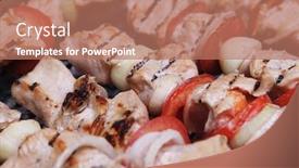  Presentation with charcoal - Cool new presentation with fresh turkey pink brisket shish kebab on wooden skewers with tomatoes over barbecue brazier full burned charcoal backdrop and a coral colored foreground