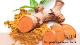  Presentation with turmeric - Cool new slide set with fresh turmeric rhizome and turmeric powder isolated on white background backdrop and a gold colored foreground