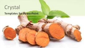  Presentation with turmeric - Presentation theme featuring fresh turmeric rhizome and turmeric cuts isolated on white background background and a soft green colored foreground