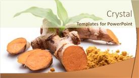  Presentation with turmeric - Amazing slide deck having fresh-turmeric-rhizome-and-turmeric backdrop and a soft green colored foreground