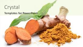  Presentation with turmeric - Cool new PPT theme with fresh-turmeric-rhizome-and-turmeric backdrop and a soft green colored foreground