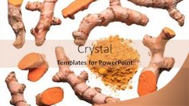  Presentation with turmeric - Presentation design featuring fresh turmeric rhizome cuts and turmeric powder isolated on white background background and a coral colored foreground