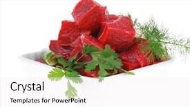  Presentation with fresh fruits and leafy greens dairy meat - PPT theme consisting of fresh uncooked beef meat slices background and a white colored foreground