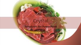  Presentation with fresh meat - Amazing PPT theme having fresh uncooked beef meat slices over ceramic bowls ready to prepare with red peppers and greenery isolated over white background backdrop and a red colored foreground