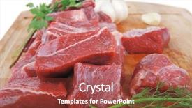  Presentation with fresh meat - Slides enhanced with fresh uncooked beef meat slices over wooden cutting board ready to prepare with green hot and red peppers isolated over white background background and a tawny brown colored foreground