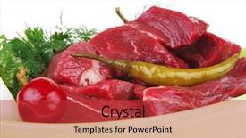  Presentation with fresh meat - PPT theme consisting of fresh uncooked beef meat slices over ceramic bowls ready to prepare with red peppers and greenery isolated over white background background and a red colored foreground