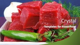  Presentation with meat beef - Presentation theme featuring fresh uncooked beef meat slices over white bowls ready to prepare with green hot peppers and greenery serving over blue wooden table background and a crimson colored foreground