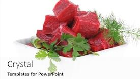  Presentation with fresh meat - Theme with fresh uncooked beef meat slices over white bowls ready to prepare with green hot peppers and greenery isolated over white background background and a white colored foreground