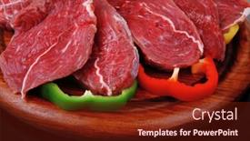 Presentation with fresh meat - Slide set consisting of fresh uncooked meat chunk on wooden board background and a tawny brown colored foreground