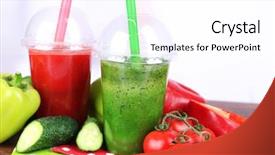  Presentation with juices - Audience pleasing PPT layouts consisting of fresh vegetable juices in plastic cups on wooden table on light background backdrop and a white colored foreground