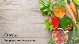  Presentation with tomato juice - Colorful theme enhanced with fresh vegetable smoothie on wooden backdrop and a soft green colored foreground