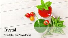  Presentation with copy space - Presentation design with fresh vegetable smoothie on wooden background and a sky blue colored foreground