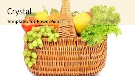  Presentation with fresh fruits vegetables - Audience pleasing theme consisting of fresh vegetables and fruits in basket on white background backdrop and a yellow colored foreground