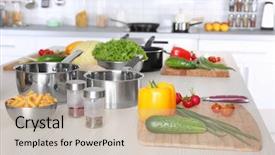  Presentation with cooking utensils - Theme enhanced with fresh vegetables and utensils background and a soft green colored foreground