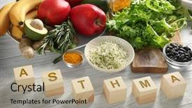  Presentation with asthma - Amazing PPT layouts having fresh vegetables fruits and wooden backdrop and a coral colored foreground