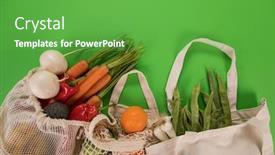  Presentation with bio plastic - Audience pleasing slide deck consisting of fresh vegetables in bio eco cotton bags on old wooden table zero waste shopping concept plastic free backdrop and a shamrock green colored foreground