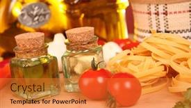  Presentation with macaroni - Cool new theme with fresh vegetables macaroni and olive oil on table backdrop and a gold colored foreground