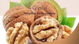  Presentation with green leaves - Theme with fresh-walnut-in-green-husk background and a coral colored foreground