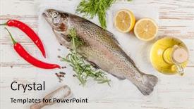  Presentation with trout - Audience pleasing theme consisting of fresh whole trout on white backdrop and a light gray colored foreground