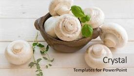  Presentation with mushrooms - PPT theme featuring fresh whole white button mushrooms on a wooden background background and a coral colored foreground