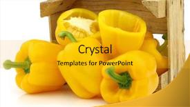  Presentation with capsicum - Amazing PPT layouts having fresh yellow bell peppers capsicum and a cut one in a wooden crate on a white background backdrop and a gold colored foreground