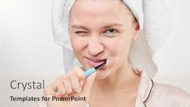  Presentation with head - Beautiful PPT layouts featuring fresh-young-woman-with-towel backdrop and a lemonade colored foreground