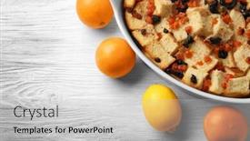  Presentation with pudding - Presentation design having freshly baked bread pudding in casserole dish on wooden table background and a light gray colored foreground