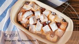 Presentation with baking freshly baked pie fresh - Presentation consisting of freshly baked bread pudding in casserole dish on wooden table background and a coral colored foreground