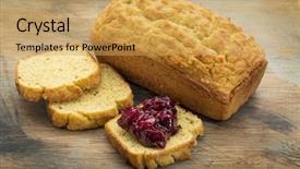  Presentation with gluten free - Presentation design enhanced with freshly baked gluten free bread made with almond and coconut flour and flaxseed meal - a loaf and slices with cranberry sauce background and a yellow colored foreground