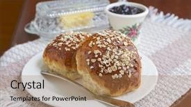 Presentation with bread - Presentation with freshly baked oatmeal molasses bread background and a coral colored foreground