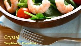  Presentation with prawn - Presentation design enhanced with freshly cooked prawn with fresh salad of baby spinach and red cherry tomatoes background and a tawny brown colored foreground