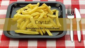  Presentation with cutlery - Audience pleasing PPT theme consisting of freshly fried french fries on a plate with cutlery on a checkered table cloth backdrop and a gold colored foreground