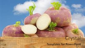  Presentation with blue sky - Slides enhanced with freshly harvested spring turnips brassica rapa and a cut one in a wooden crateagainst a blue sky with clouds background and a gold colored foreground