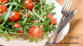  Presentation with cutlery - Presentation featuring freshly made italian salad from arugula and tomatoes on white plate garnished with pepper balsamico vinegar olive oil and parmesan cheese with cutlery arranged on wooden table background and a coral colored foreground