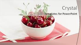  Presentation with stem - Colorful PPT theme enhanced with freshly picked cherries with stem and leaves in a white bowl backdrop and a white colored foreground