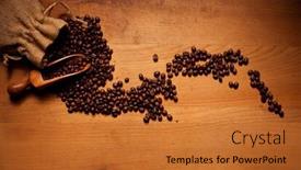  Presentation with spilling - Presentation having freshly roasted coffee beans spilling out of a hessian bag over a wooden scoop onto a wooden surface background and a red colored foreground
