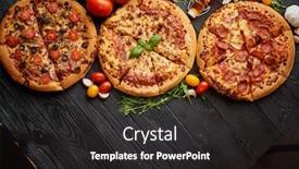  Presentation with served - Amazing slide set having freshly-served-three-various-pizzas backdrop and a dark gray colored foreground