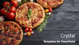  Presentation with served - Presentation design consisting of freshly-served-three-various-pizzas background and a dark gray colored foreground