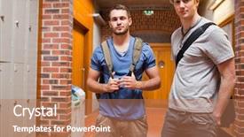  Presentation with students on tablets - Presentation enhanced with freshman university - handsome students posing background and a coral colored foreground