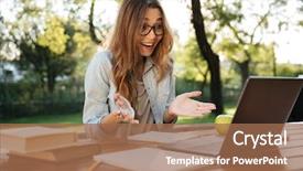  Presentation with happy smiling woman dental health - Slide deck with freshman university - happy surprised brunette woman background and a coral colored foreground