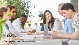  Presentation with team work - Presentation design featuring freshman university - interracial team of students work background and a soft green colored foreground