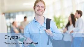  Presentation with pupil - PPT theme enhanced with freshman university - man as happy student background and a  colored foreground
