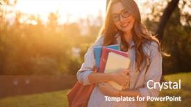  Presentation with eyeglasses - Slides having freshman university - smiling brunette woman in eyeglasses background and a red colored foreground