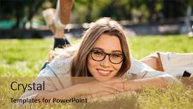  Presentation with eyeglasses - Presentation enhanced with freshman university - smiling brunette woman in eyeglasses background and a coral colored foreground