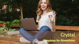  Presentation with smiling little girl - Colorful PPT layouts enhanced with freshman university - smiling young girl using laptop backdrop and a  colored foreground