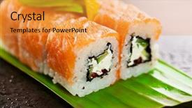  Presentation with cucumber cream - Audience pleasing PPT layouts consisting of freshness roll with cream cheese cucumber and salmon roe inside salmon topped served on banana leaf backdrop and a gold colored foreground