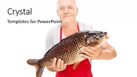  Presentation with freshwater fish - Audience pleasing PPT theme consisting of freshwater fish meat - mature fishmonger holding a common backdrop and a sky blue colored foreground