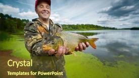  Presentation with fish pond - PPT layouts consisting of freshwater fishing - happy smiling fisherman holding his background and a  colored foreground